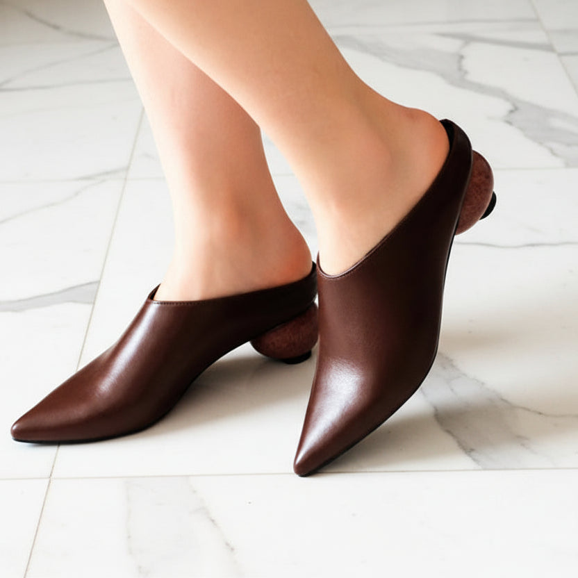 Genuine Leather Mules Women Pointed Covered Toe Med Ball Shape Heel Office Ladies Slippers Strange Heel