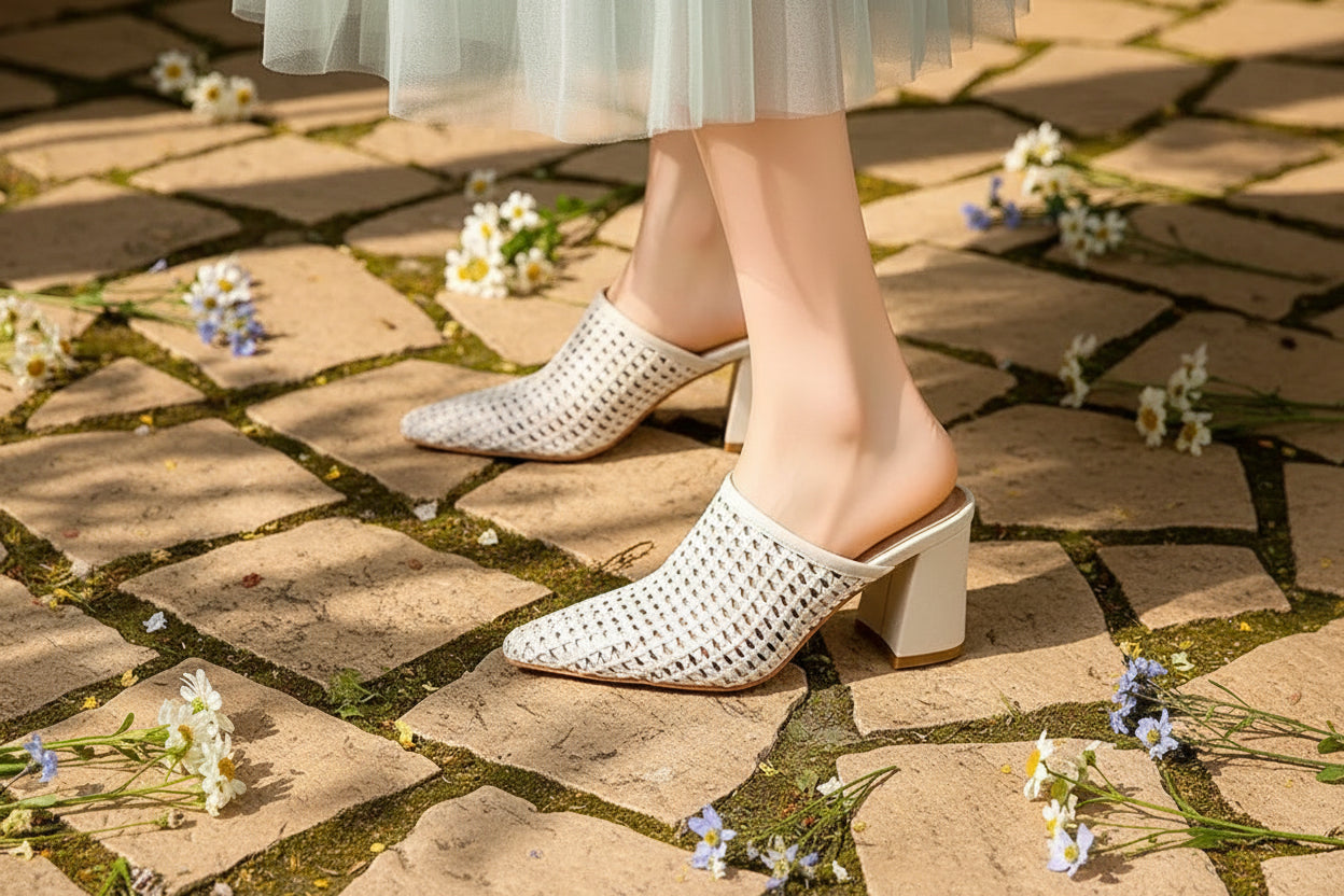 Elegant Braided Mules Women Covered Toe Breathable High Thick Heels Slippers Ladies Office Shoes Party Dating