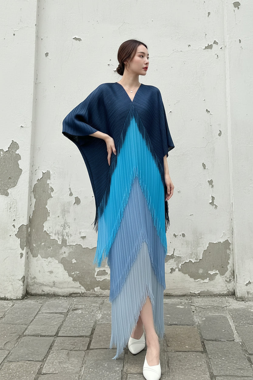 Fringe Pleated Dress Women's V-neck Bat Sleeve Splice Fashion Dress Women's 2026 Spring/Summer New