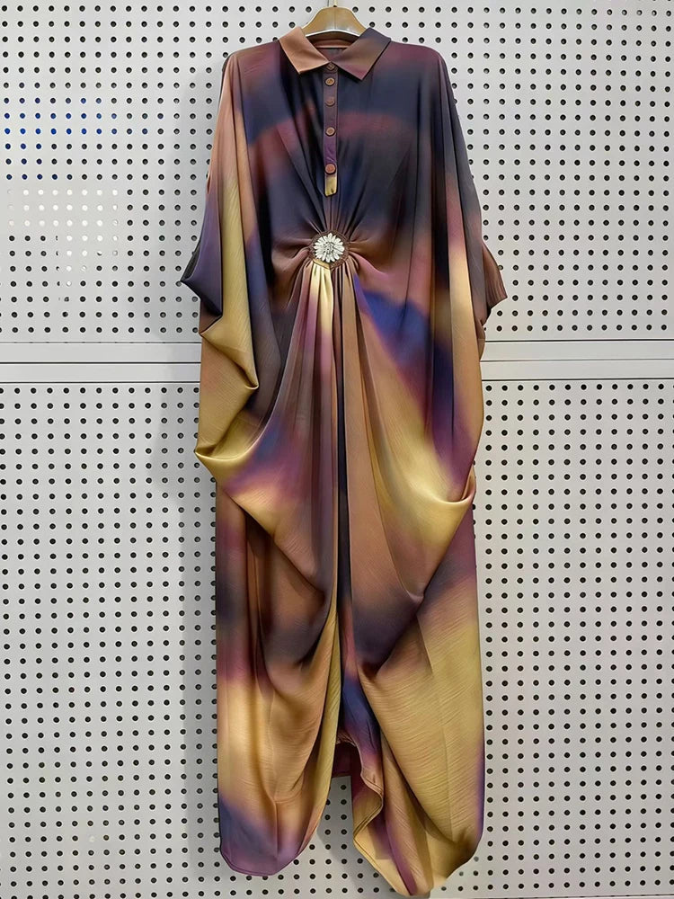 Retro tie dye printed diamond button pleated lapel pullover dress, fashionable loose plus size women's irregular shirt skirt