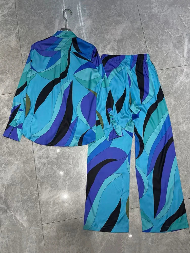 Retro geometric print lapel straight tube silk shirt two-piece set 2026 autumn women's clothing+loose wide leg pants fashion set