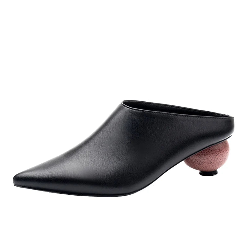 Genuine Leather Mules Women Pointed Covered Toe Med Ball Shape Heel Office Ladies Slippers Strange Heel