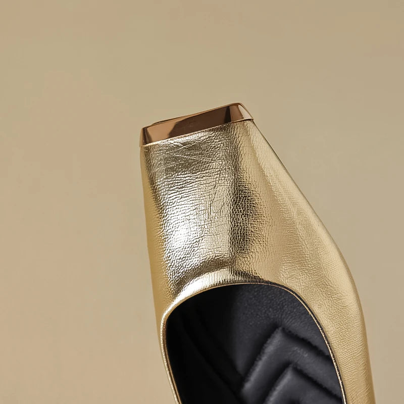 Fashion Genuine Leathe Pumps Women Metal Head Shallow Slip On Flats Office Ladies Low Heel Sheepskin Leather