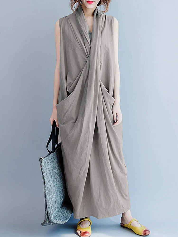ZANZEA Oversize Asymmetrical Maxi Dress Women's Summer 2025 Holiday Sundress Female V Neck Draped Vestidos Rayon Robes Femme