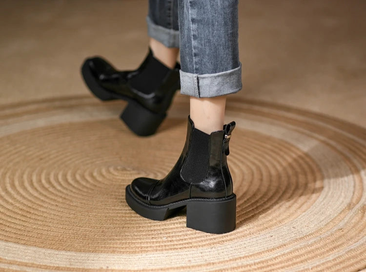 Winter Genuine Leather Chelsea Boots Women Shoes Retro Round Toe Women Platform Thick Heels Short Booties Autumn