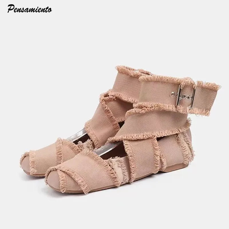 Vintage Tassel Canvas Women Ballet Flats Spring Autumn Soft Soles Dance Walking Shoes Fashion Ankle Strap Mary Janes Girls Shoes
