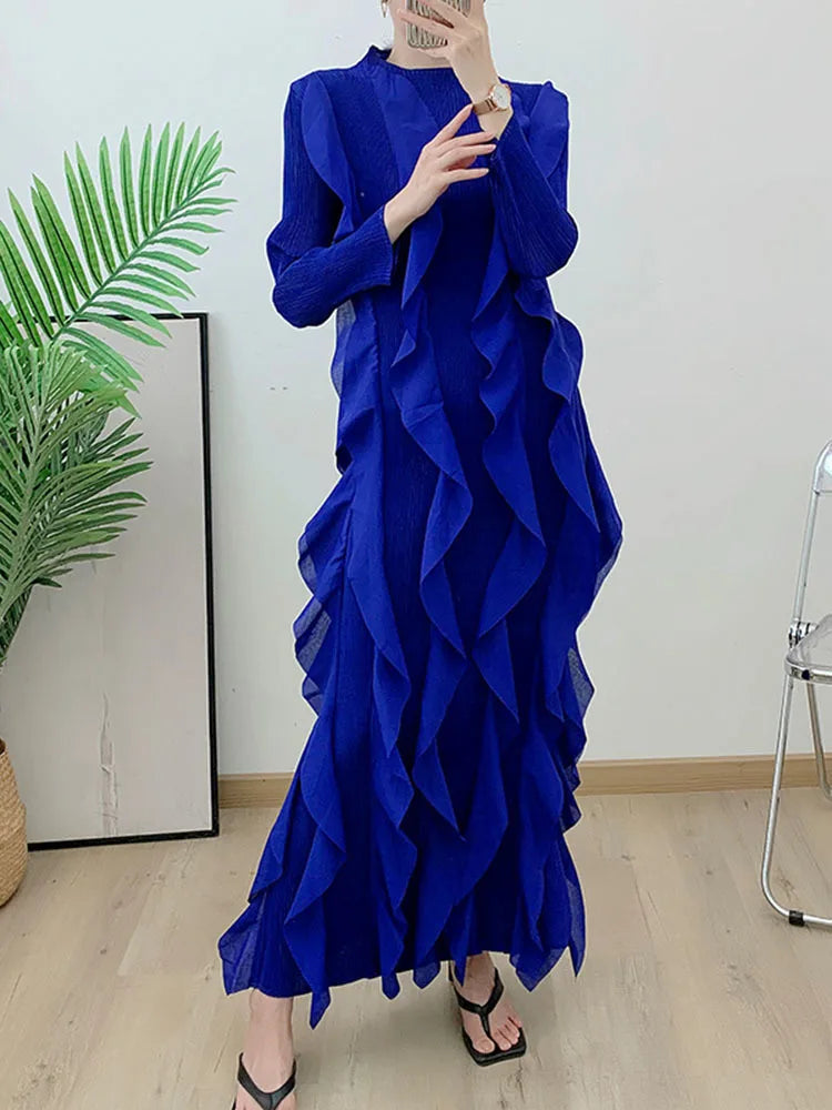 Miyake Pleated Fashion Dress O-Neck Long Sleeve Spliced Ruffles New 2023 Summer Evening Party Clothing Lady Middle East HotSales