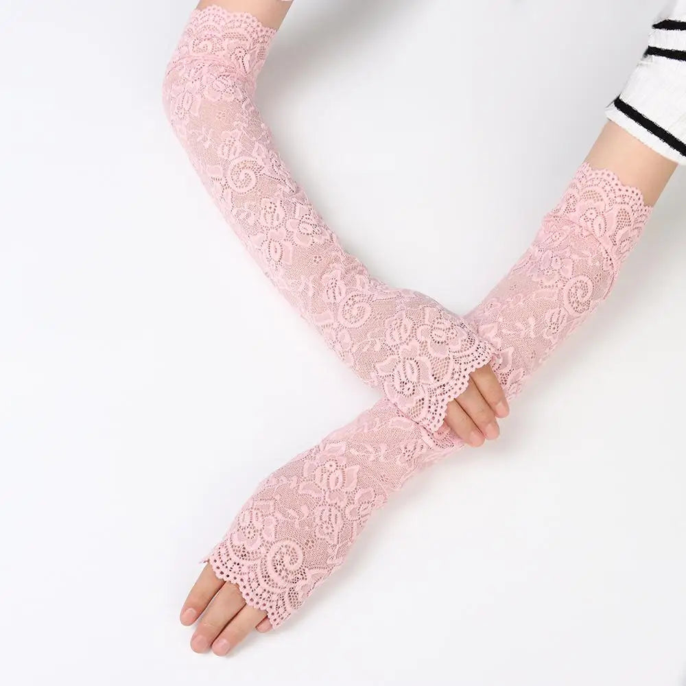 1 Pair Classic Summer Sunscreen Lace Arm Sleeve Mittens Ice Arm Cuffs Fingerless Driving Gloves Arm Cover
