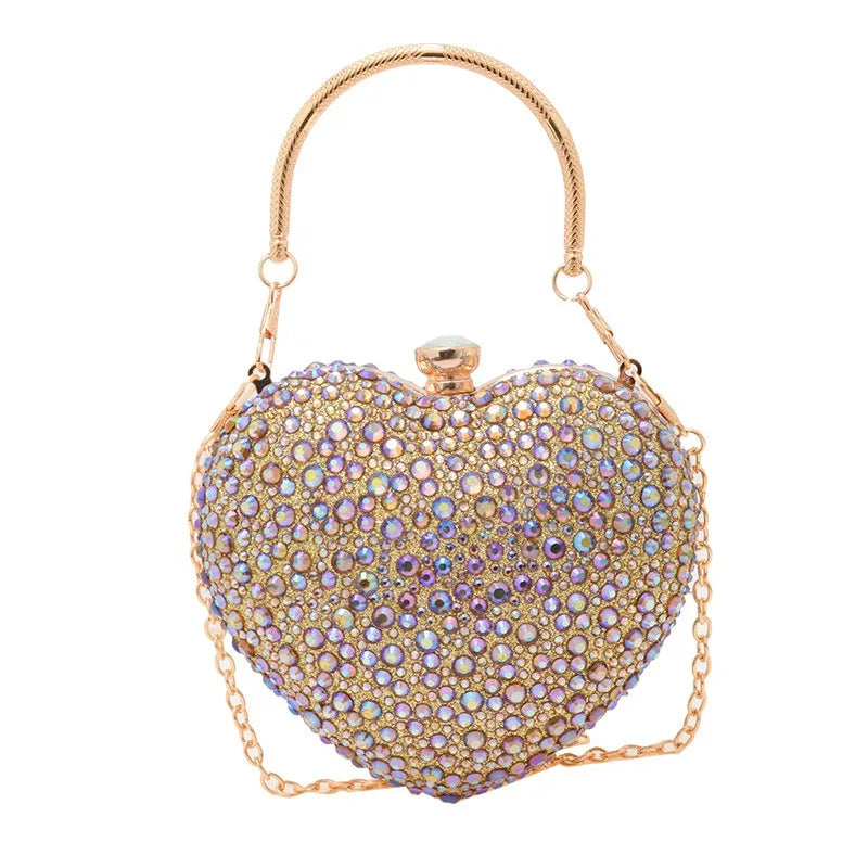 Luxury Diamond Inlay Heart Shape Crystal Clutch Purse Stones Evening Wedding Party Shoulder Bags Handle Rhinestone Mini Handbags