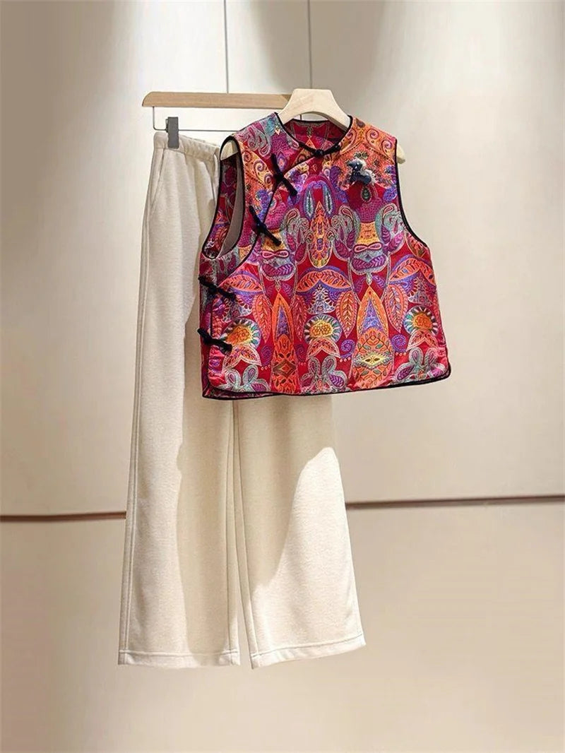 New Chinese High-end red Chic Vest Jacket Women's Spring Classic Buckle Vest Round Neck Buckle Tang Suit Jacket Sleeveless Coat