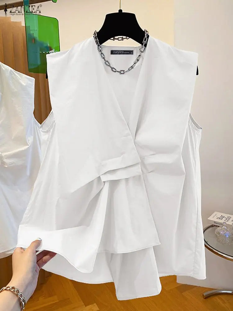 ZANZEA Trendy Pleated Design Women's Blue Tank Tops 2025 Summer Solid Color V-Neck Sleeveless Tops Streetwear 3 Colors S-3XL