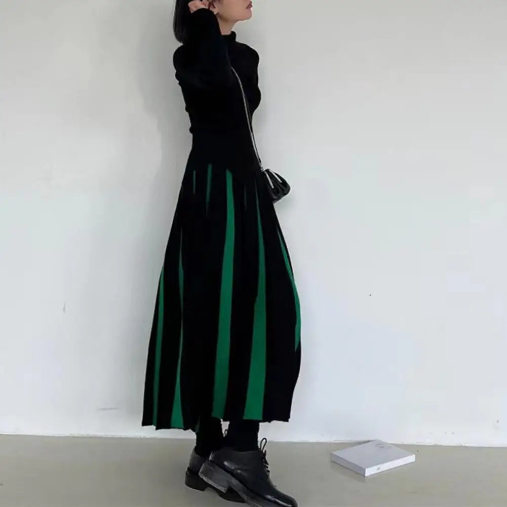 Women Midi Skirt High Waist Patchwork Color Pleated Skirt Ladies Autumn Knitting Skirt Women Versatile Comfortable Daily Wear