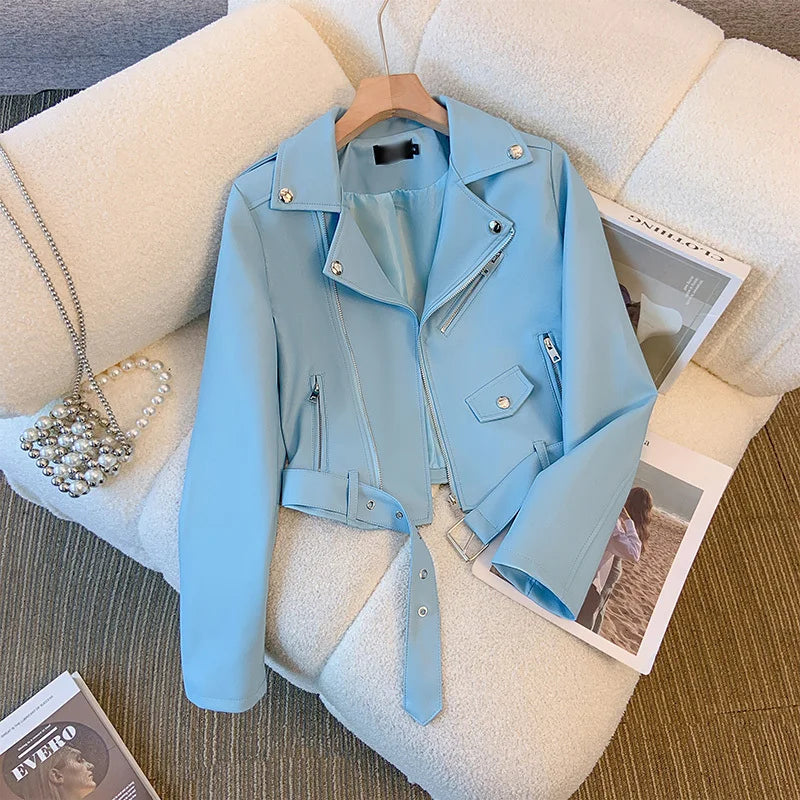 Blue PU leather jacket for women's spring autumn short Street style 2025 new retro motorcycle Leather Coat top