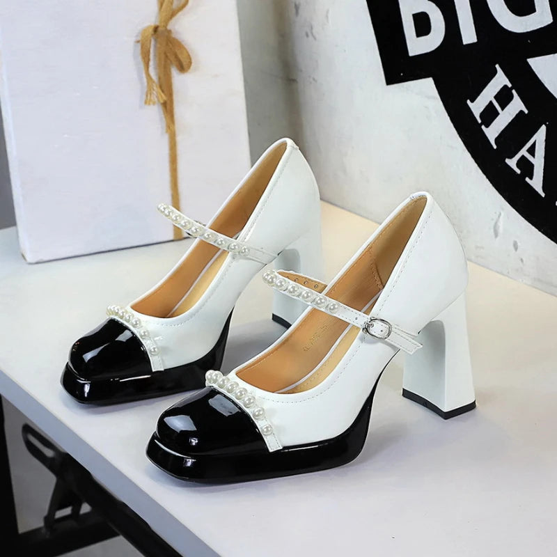 Retro Style Color Block Square Toe Thick Heel High Heels Women's Waterproof Platform Pearl Mary Jane Shoes Casual Fashion