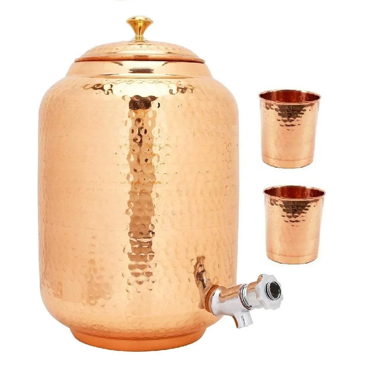 Ayurvedic Pure copper water dispenser container pot with 2 glass rollers - 6.5 liters (brown) - set of 3 pieces