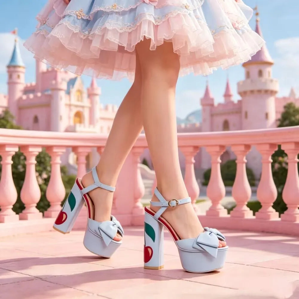 Light Blue/Pink Platform Heeled Sandals Oversized Bow Decoration Chunky Block Heel Cherry Print Detail Sweet Peep-Toe Sandals