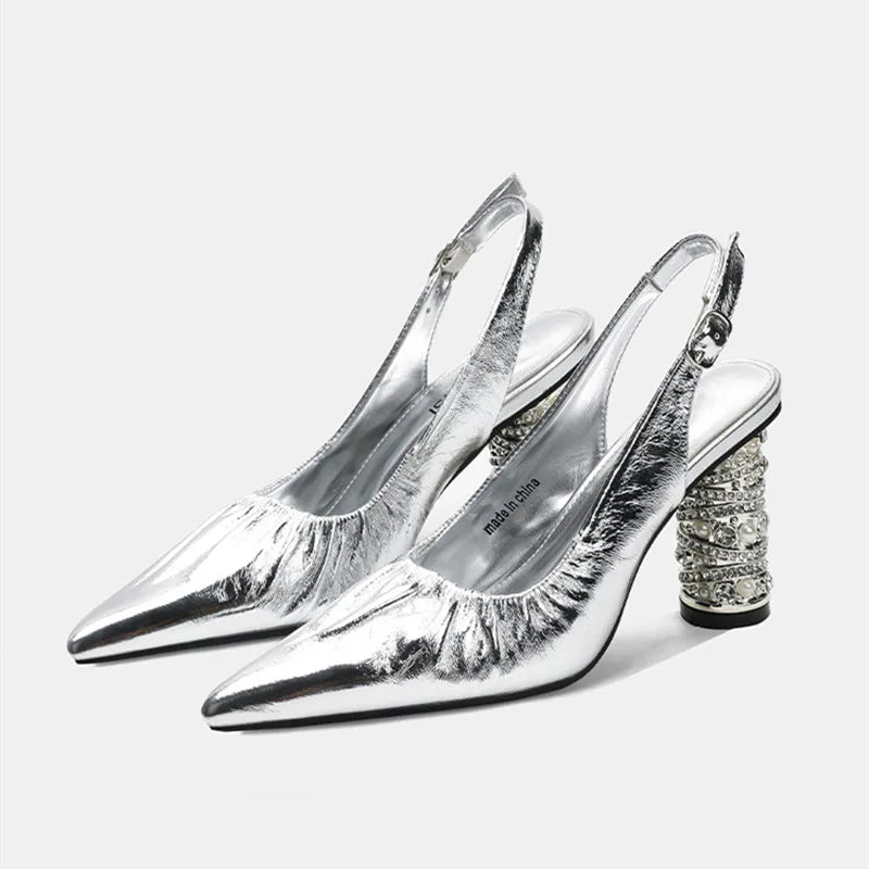 Luxury Pearls Rhinestones Genuine Leather Women Pumps Elegant Pointed toe Pleated Slingbacks High heels Female Party Dress Shoes