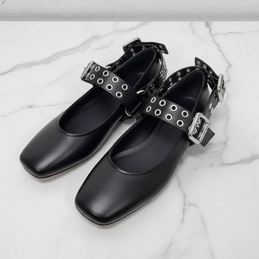 Fashion Square toe Rivet Metal buckle Women Ballet Flats Comfortable Soft Leather Mary Janes Boats Loafers Casual lazy Shoes