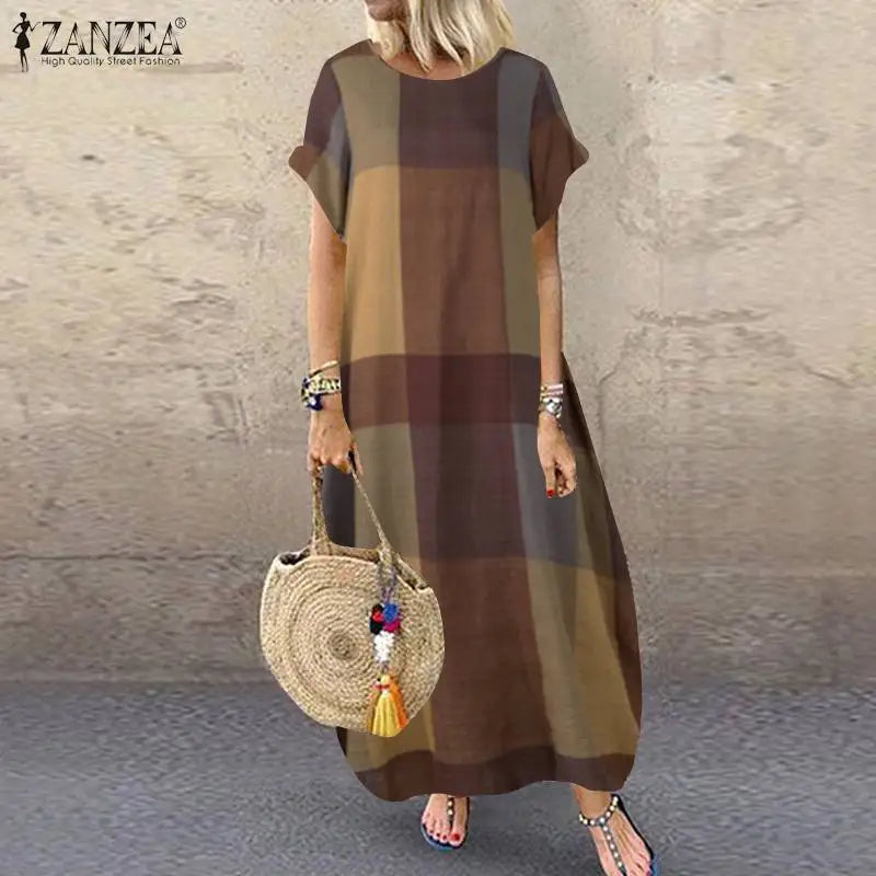 ZANZEA Bohemian Plaid Checked Sundress Summer Short Sleeve Long Dress Fashion Holiday Party Vestido Femme Casual Loose Robe 2025