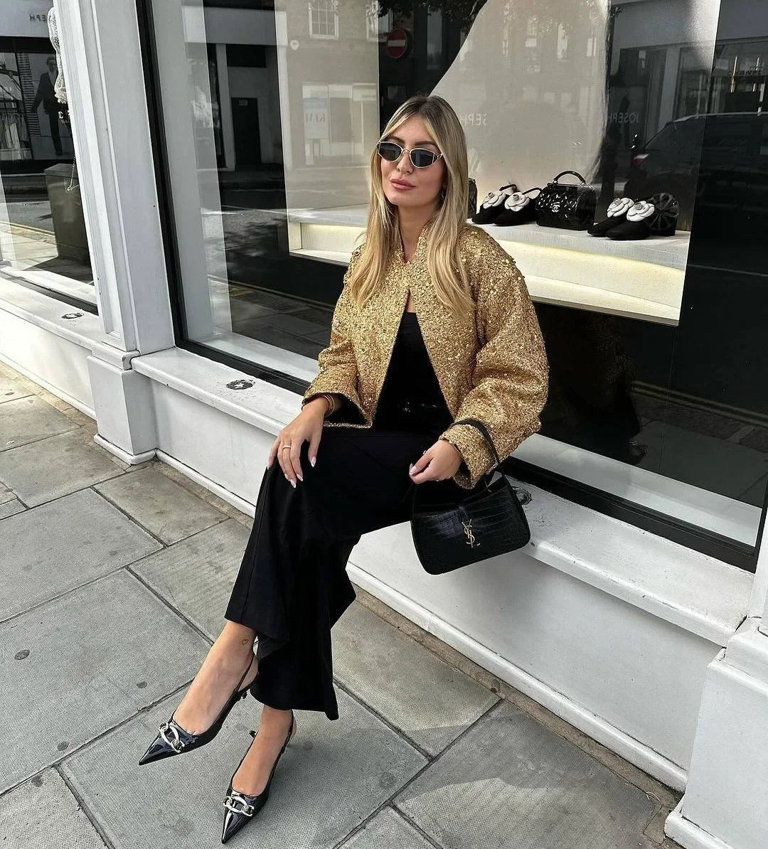 Women's Sequined Bomber Jacket Fall New Round Neck Long Sleeve Pocket Stretch Hem Sequins Jacket Coat Female Chic Outerwear