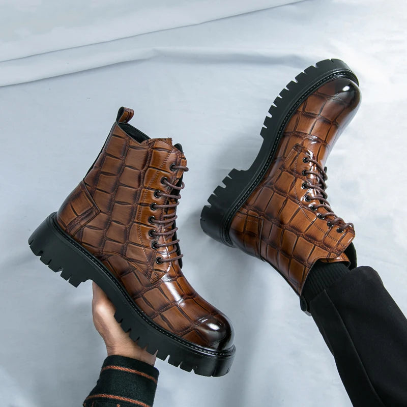 Luxury Brand Men's Autumn and Winter Crocodile Leather Side Zipper High Top Boots Fashionable New Men's Comfortable Short Boots