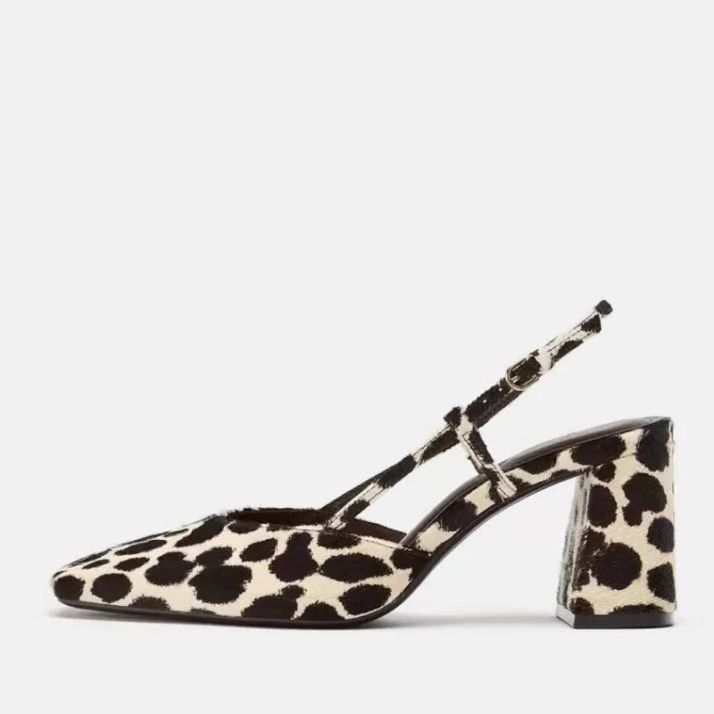 Leopard Mary jane Sandals animal print Leather Covered Toe High Thick Heels Sexy Party Dating Summer Slingback Sandals Lady