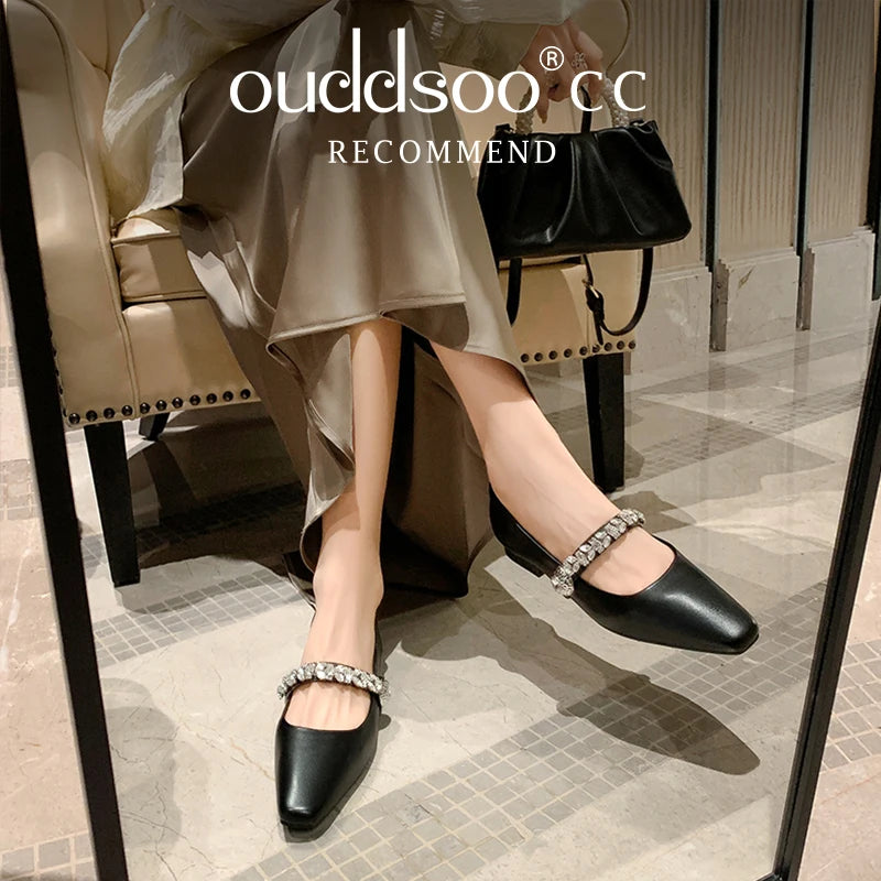 Ods Women Crystal Mules Flats Slippers Designer Sandals 2025 Dress Square-toe Leather Slides Summer Slingback Buckle De Mujer