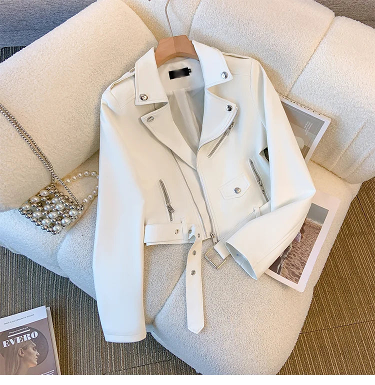 Blue PU leather jacket for women's spring autumn short Street style 2025 new retro motorcycle Leather Coat top