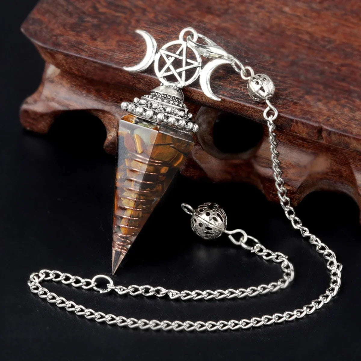 Natural Stone Three Phase Lunar Meditation Healing Tiger Eye Crystal Hexagonal Pyramid Spirit Pendulum Gift necklace