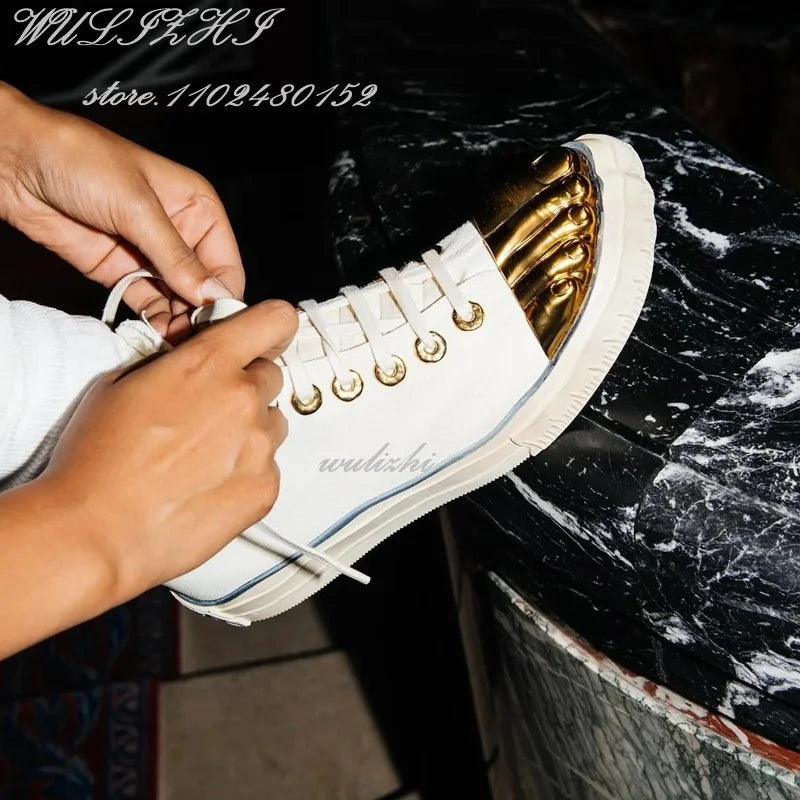 Gold Metal Glossy Five Finger Sneakers Women Lace Up Flats Sports Patchwork Casual Buckle Office Lady Design Catwalk Spring Shoe