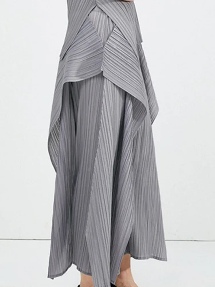 Miyake Irregular Designer Pleated Two Pieces Set Women Sleeveless Elegant Top Wide Leg Loose Trousers Summer Lady Clothing