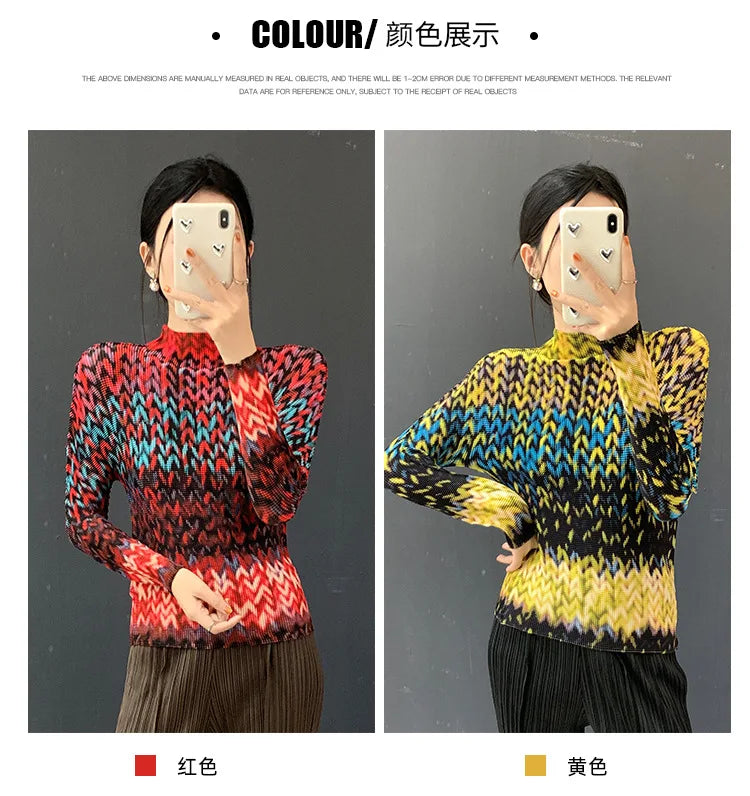 Miyake Pleated 2026 Spring and Summer New Fashion Tops Women's Long-sleeved Half-high Collar Printed T-shirt Bottoming Shirt