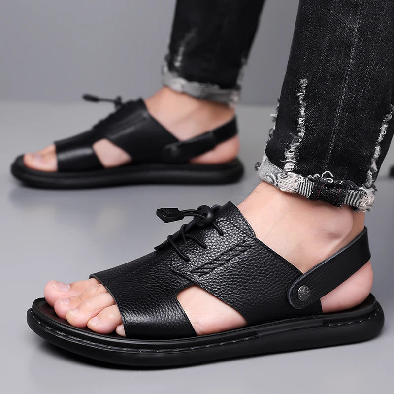 2026 Summer Fashionable Roman Style Comfortable Outdoor Soft Soled Leather Sandals New Men's Breathable and Non Slip Beach Shoes,