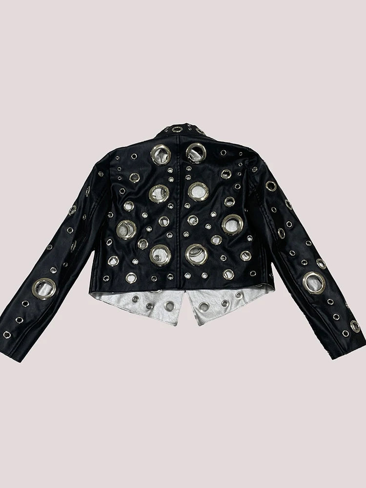 Mauroicardi Spring Short Hollow Out Patchwork Short Pu Leather Jacket Women Cool Luxury Designer European Style Clothes Fashion