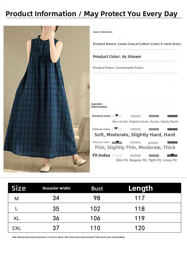 Summer 2026 Large Size Cotton Linen Plaid Vest Skirt Long Svel Dr Chest Splicing Wooden  Ear A-Line Dr