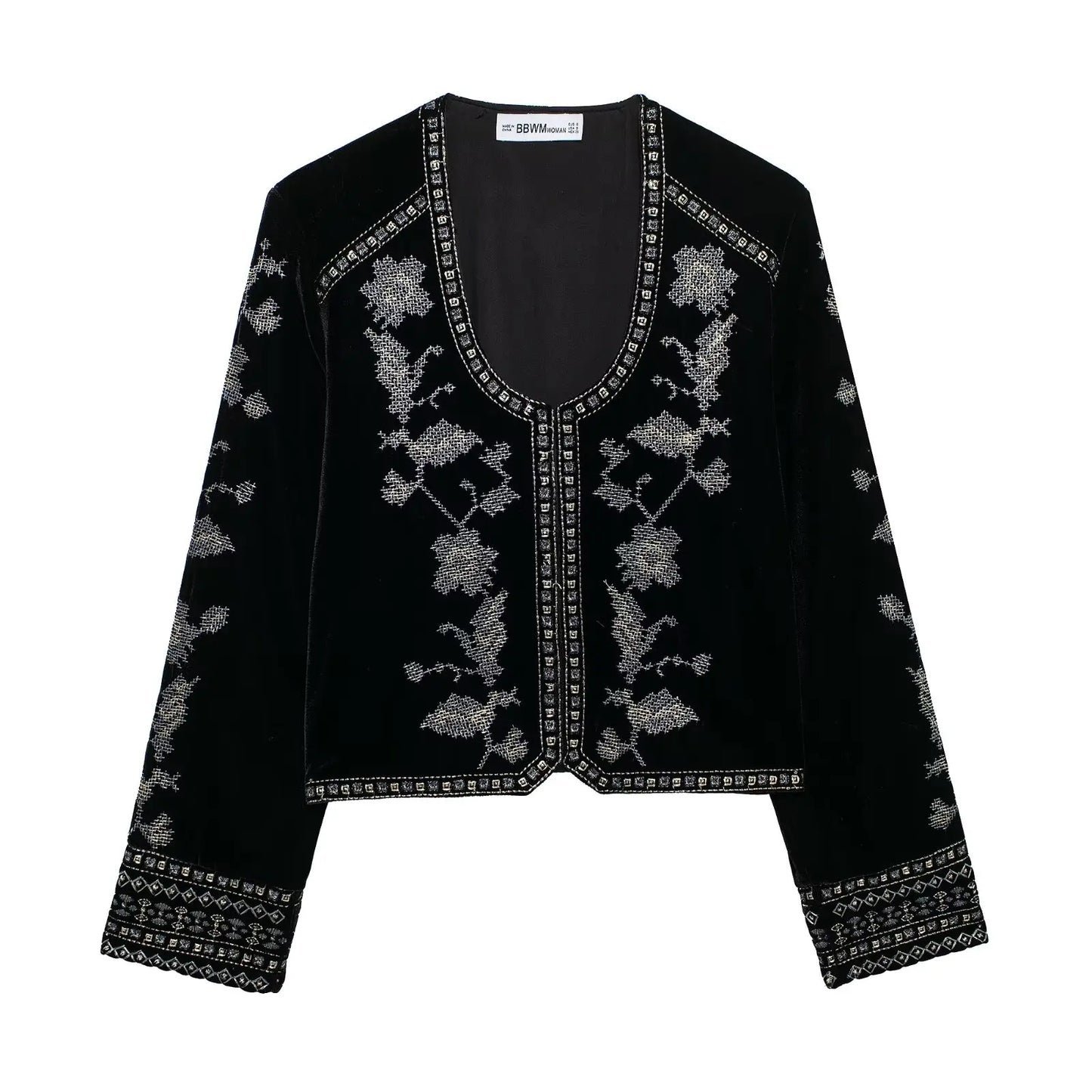 Elegant, Korean Zevity New Women Vintage O Neck Geometric Floral Embroidery Short Velvet Coat Office Lady Long Sleeve Outwear Jacket Tops CT7352