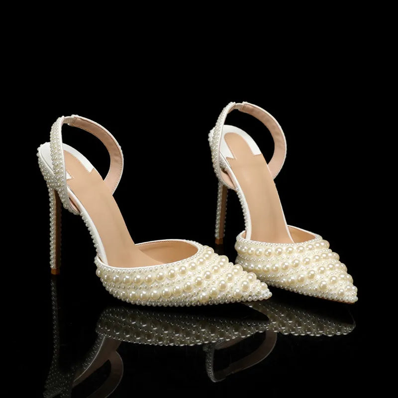 Luxury Handmade Full Pearls Wedding Women Pumps Elegant Pointed toe Slingbacks high heels Fashion Summer Party Bridal Shoes
