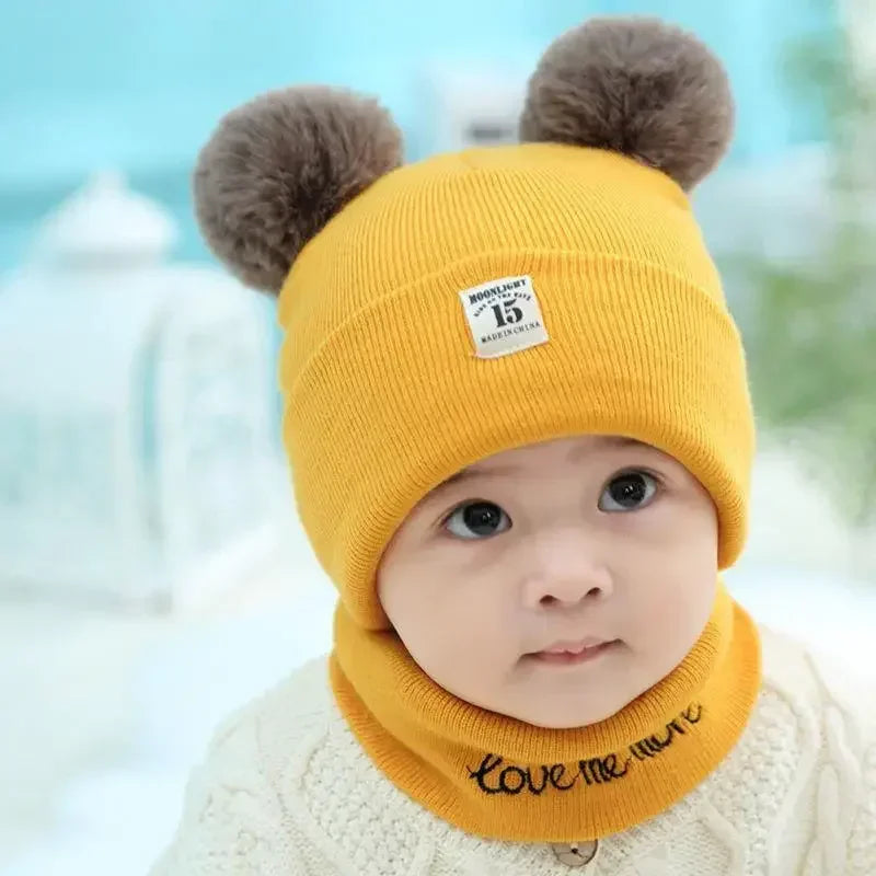 Autumn Winter Warm Baby Knitted Hats with Scarf Kids Knit Beanie Caps Solid Color Children's Hat Toddler Boys Girls Accessories