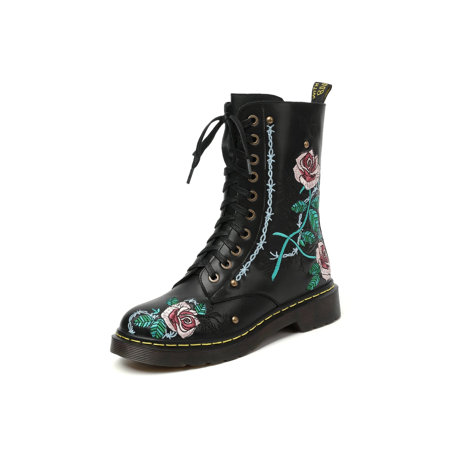 Ods Handmade Embroidery Rose Flower Retro Lace-up Mt Woman Genuine Leather Round Toe British Style Ankle Boots Big Size 40414243