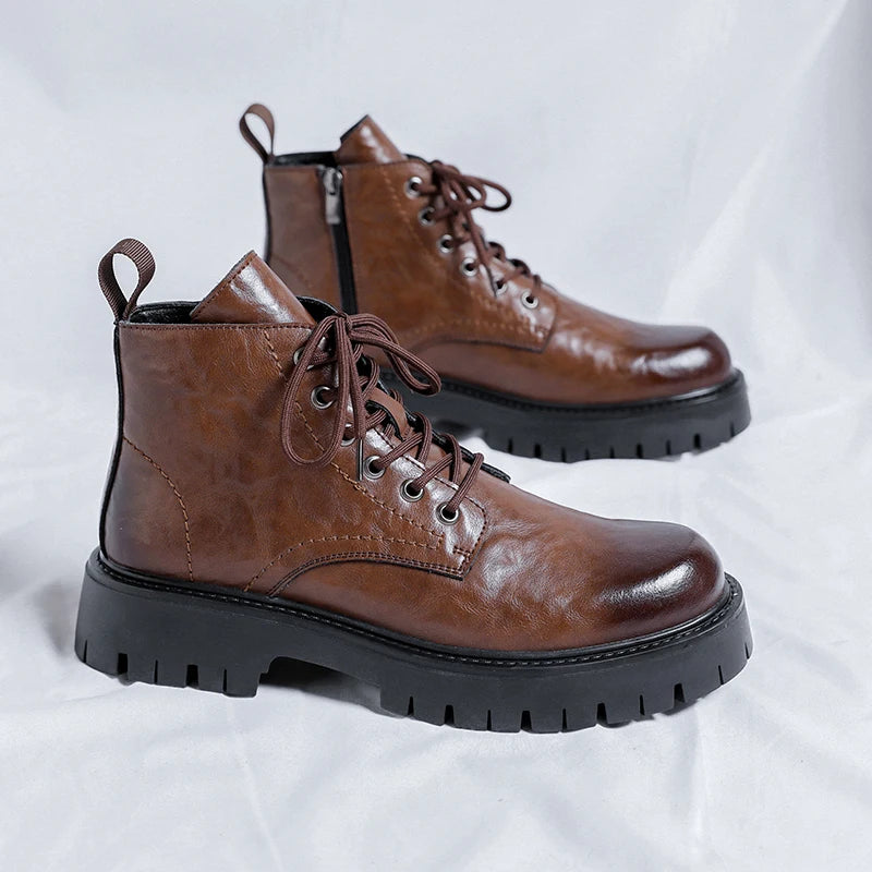 New Fashion Lace Up Casual Mens Boots Mens Thick Sole Ankle Boots Trendy Comfortable Mens Classic Black/Brown Motorcycle Boots