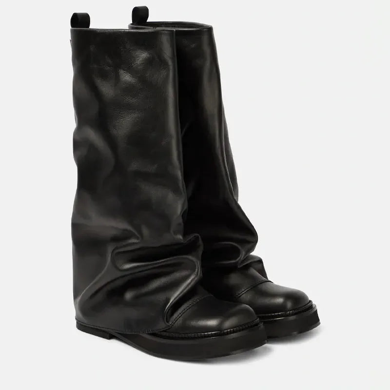 Women's Chunky Leather Flats & Knee Boots - Square Toe Loose Fit Spring-Autumn Casual Shoes with Pleated Pants