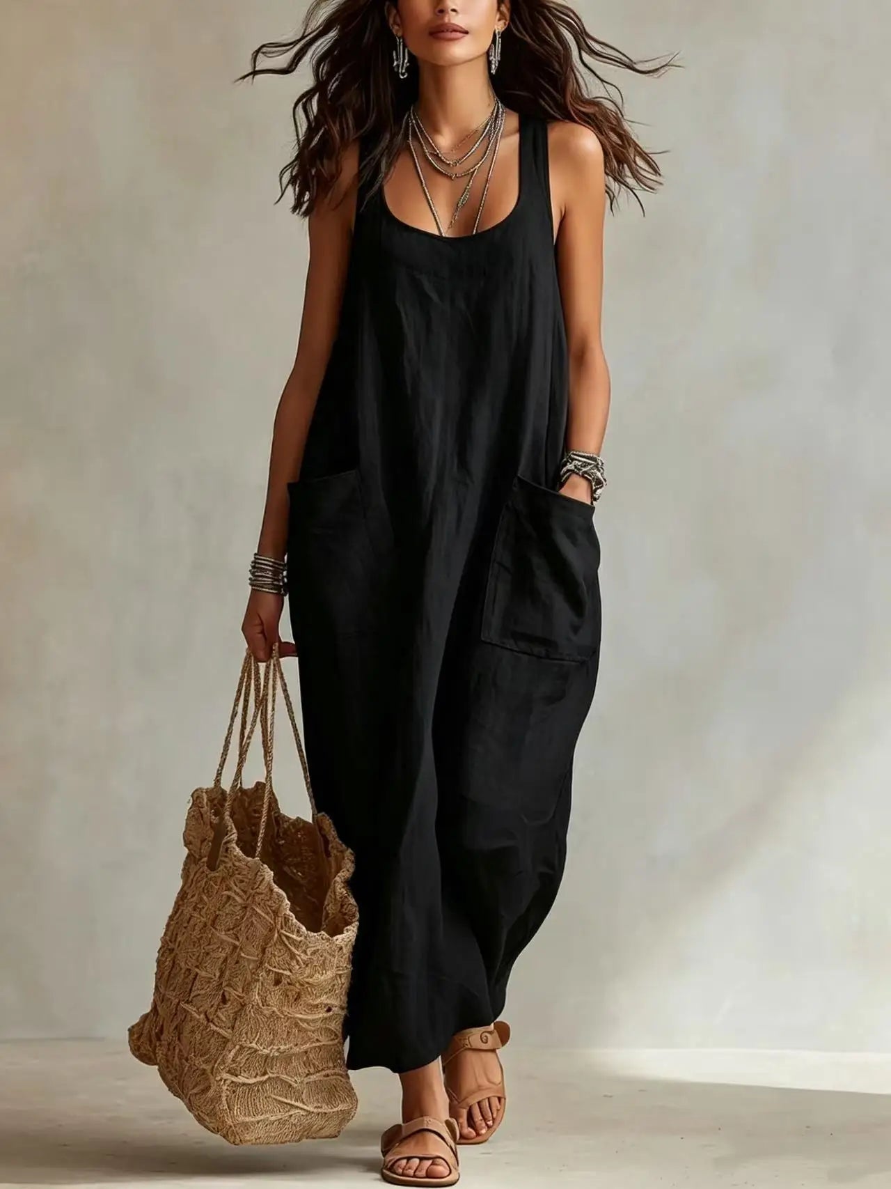 Women's Cotton Linen Square Neck Maxi Dress with Pockets Spaghetti Strap Sleeveless Loose Vacation Beach Long Sundress S-2XL