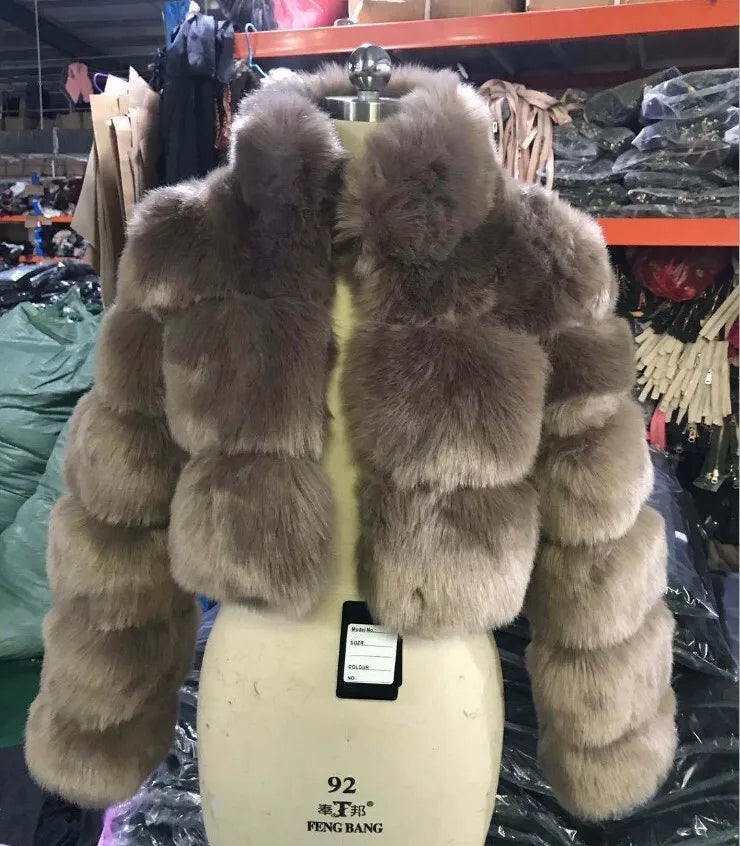 DEAT Fashion Women's Faux Fur Coat Stand Neck Long Sleeve Zipper Short Solid Color Thick Warm Jackets Winter 2024 New 7AB6434