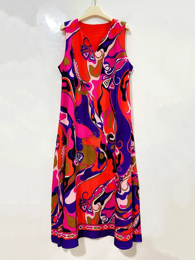 2026 Summer Women's Clothing Retro Geometric Print V-neck Pullover Sleeveless Dress Fashion Loose Large Size A-Line Tank Top