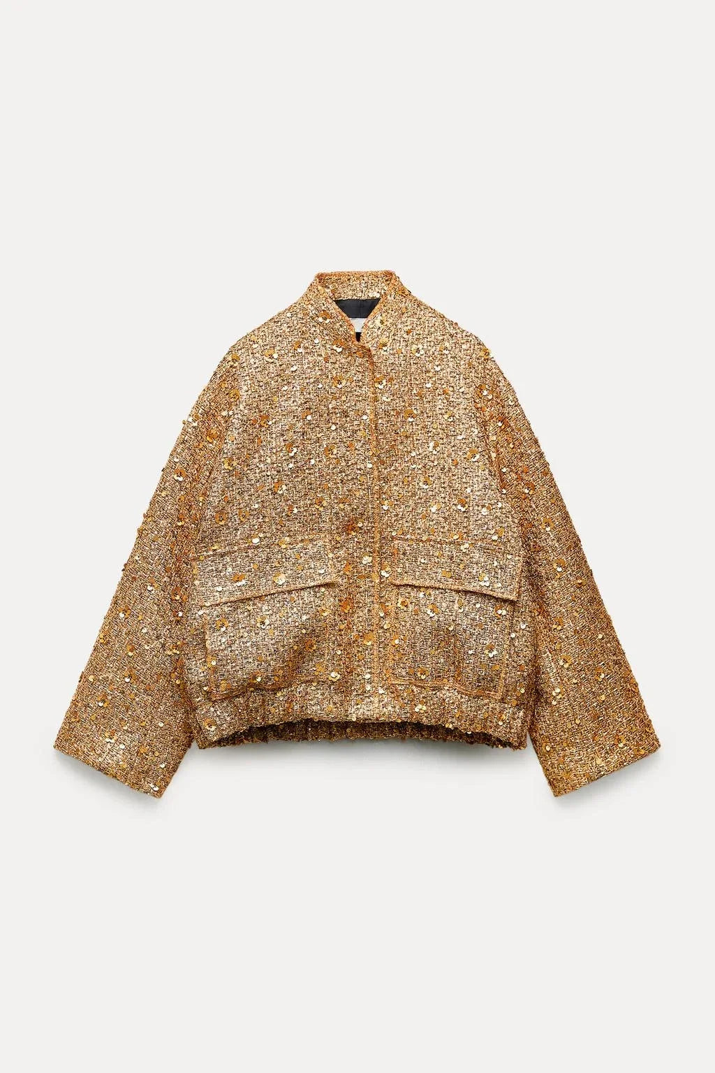 Women's Sequined Bomber Jacket Fall New Round Neck Long Sleeve Pocket Stretch Hem Sequins Jacket Coat Female Chic Outerwear
