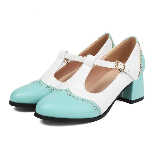 Spring Women T-strap Pumps Blue Black Mixed Color High Block Heel Round Toe Sweet Dress Lady Retro Oxford Style Mary Janes Shoes