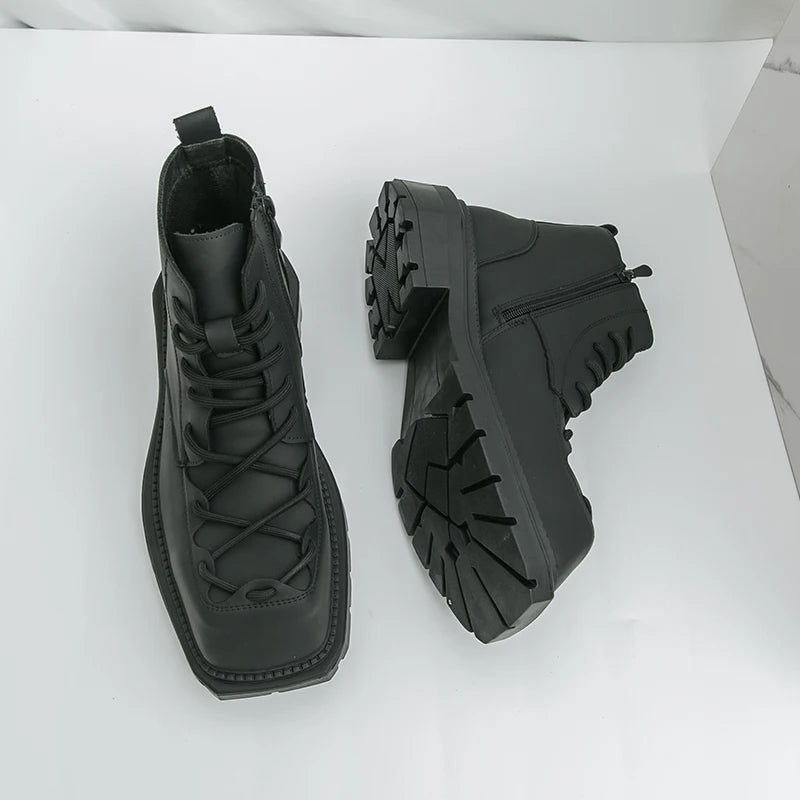 Autumn New Men Comfortable Lace Up Side Zipper High Top Leather Shoes Fashion Brand Round Toe Thick Soled Non Slip Outdoor Boots