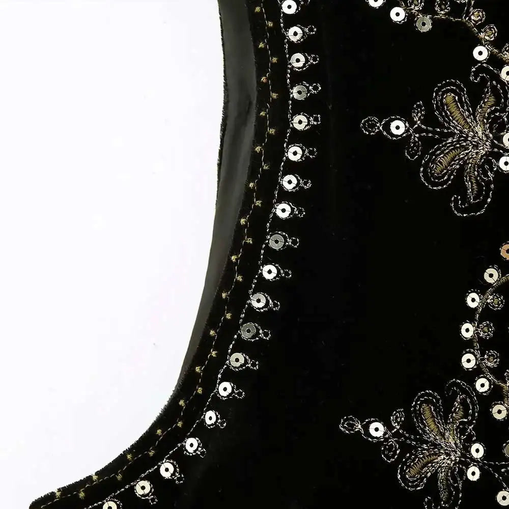 Women Fashion With Sequin Floral Embroidery Crop Waistcoat Vintage O Neck Sleeveless Female Outerwear Chic Vest Tops