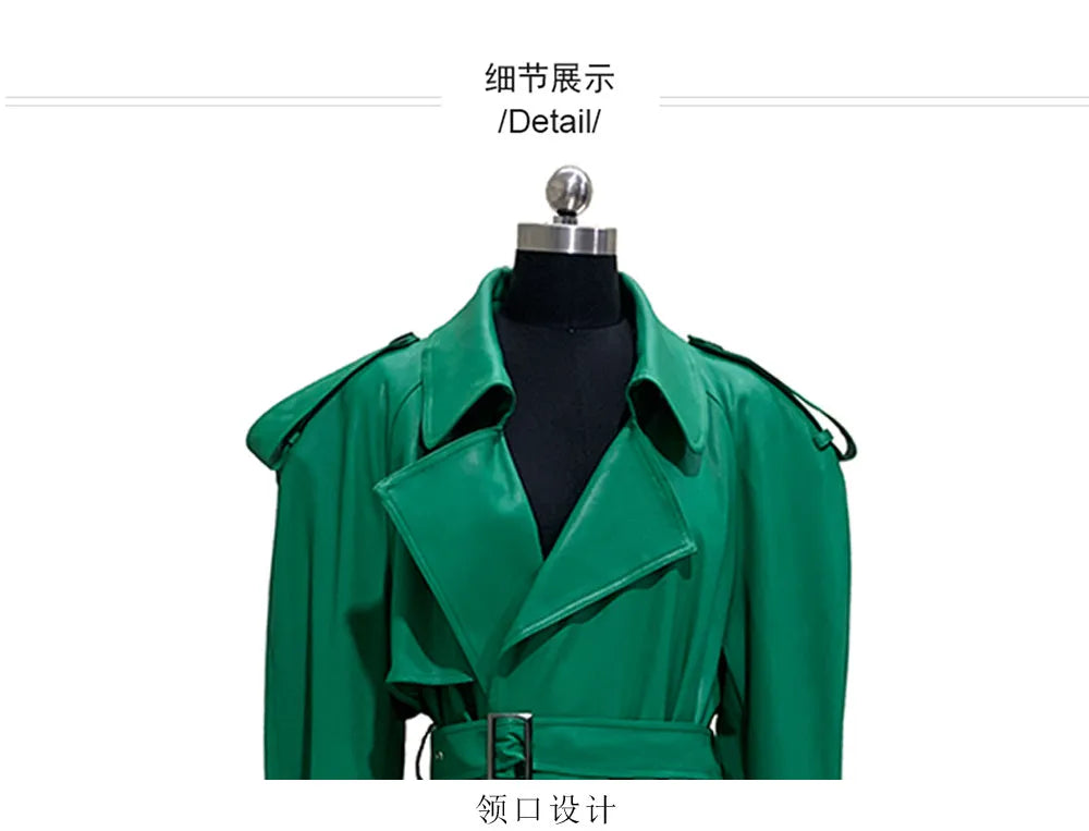 Nerazzurri Autumn Extra Long Soft Green Oversized Pu Leather Trench Coat for Women Shoulder Pads Belt Double Breasted Overcoat