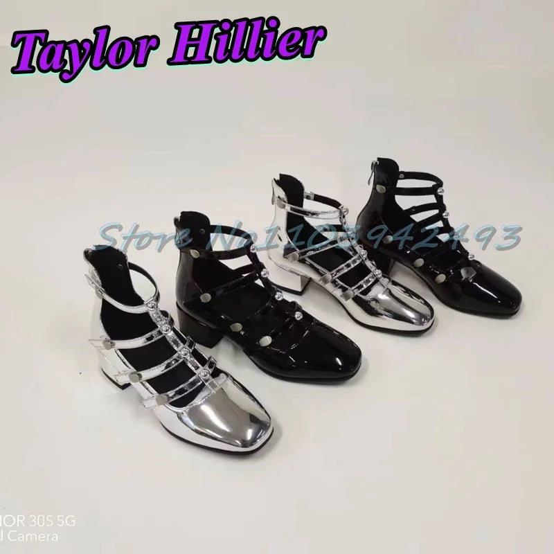 Gladiator Green Heeled Sandals Rivets Women Designer Luxury Shoes Patent Leather Solid Sandalias De Mujer Roman Strappy Palace